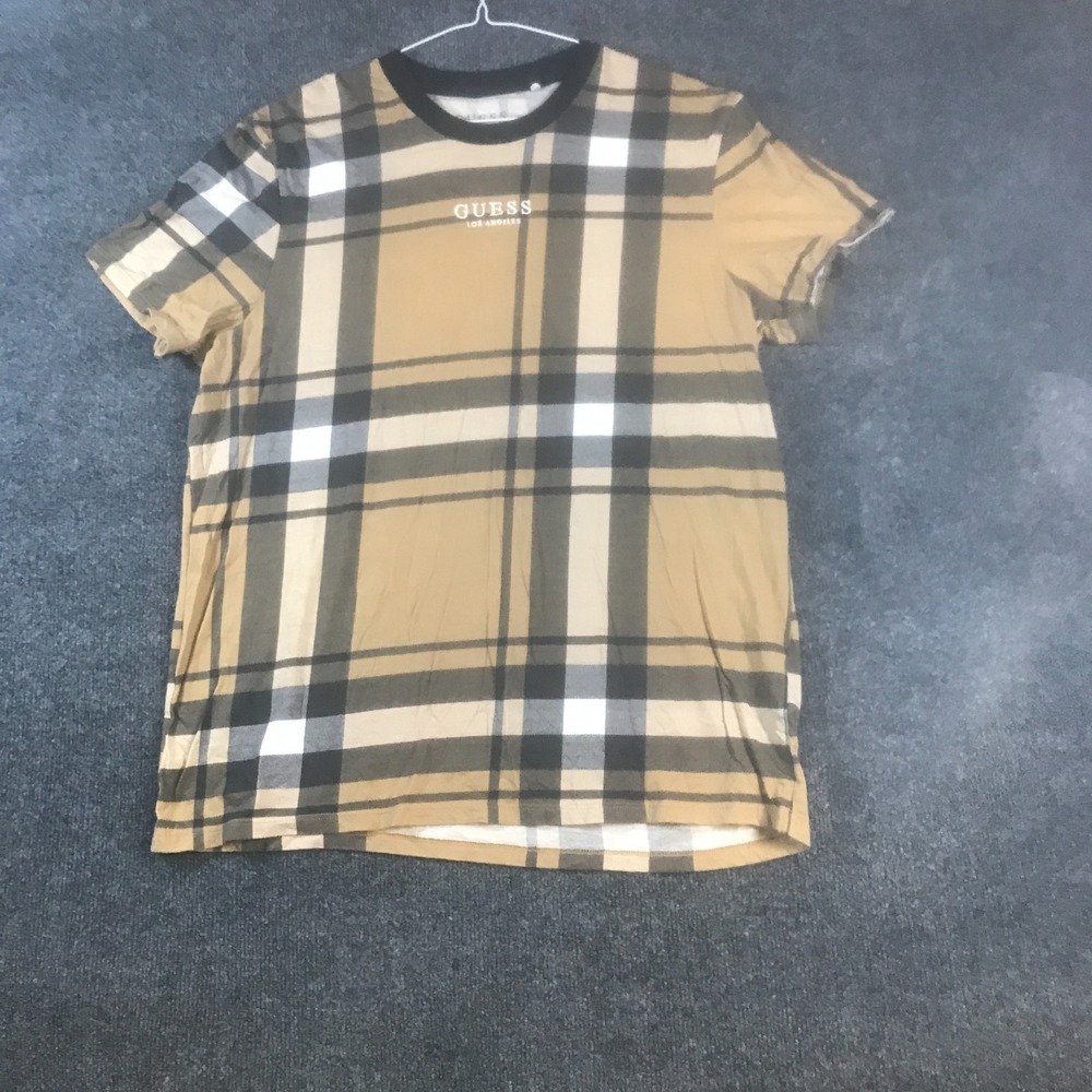 Guess Hertz T Shirt Mens XL Beige Tartan Plaid Cotton Crew Neck Short Sleeve